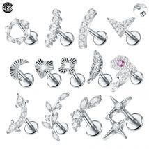 1/5PCS Titanium Feather Ear Piercing Zircon 16G Flat Helix Labret Moon Lip Nail Tragus Conch Cartilage Stud Piercings Jewelry