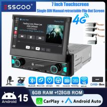 Radio samochodowe ESSGOO Android 15 7" 6+128 GB 1 DIN Ręczne Wysuwany Ekran Dotykowy 4G LTE Bezprzewodowy CarPlay RDS Equalizer Nawigacja GPS WiFi Bluetooth FM AM Android Auto Mirror Link Obsługa z