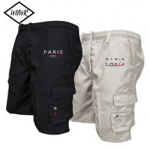 Herren-Cargo-Shorts mit Paris-Aufdruck, modisch, lässig, mehrere Taschen, Arbeitsshorts, Outdoor, lockere elastische Taille, Laufshorts, Jogginghose