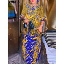 Plus Size VONDA Women Bohemian Dress 2024 Casual Half Puff Sleeve Round Neck Long Robes Vintage Printed Sundress Party Vestidos