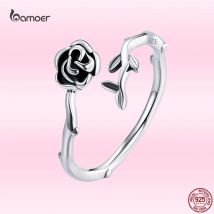 Bamoer 2021 Fashion Romantic Rose Ring 925 Sterling Silver Plant Flower Ring Women Couples Exquisite Adjustable Jewelry GAR196