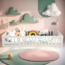 Letto singolo, Letto per bambini 90x200 cm con recinzione e anta, Letto da terra Montessori con protezione e rete a doghe, Letto in legno