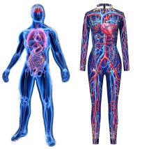 Menschlicher Herz-Gefäß-Overall, Karneval, Party-Body, lustiger Catsuit, langärmeliger Overall, menschliches Anatomie-Muster, Cosplay-Kostüm