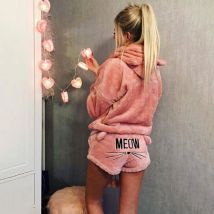 Frauen Koralle Samt Pyjamas Set Herbst Winter warme Pyjamas zweiteilige Set Nachtwäsche niedlichen Katze Miau Muster Hoodies Shorts Set