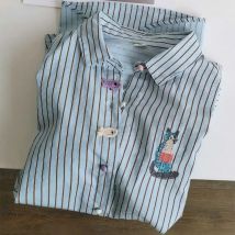 Cute Cartoon Cat camicia ricamata verticale a righe in cotone a maniche lunghe donna manica lunga primavera autunno camicetta Casual Tee Top