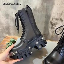 Unisex-Motorradstiefel mit Nieten, schwarz, runder Zehenbereich, dicke Sohle, seitlicher Reißverschluss, Stiefeletten, modisch, cool, höhenvergrößernd, moderne Stiefeletten