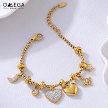 Herz-Charm-Armbänder aus 316L-Edelstahl für Frauen, 18 Karat vergoldet, verschiedene Anhänger mit glänzendem Zirkon, Damen-Handarmband