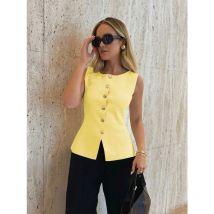 Neue Damen-Tanktop-Kleidung, modisches Strick-Unterhemd mit goldenen Knöpfen und verziertem Strick