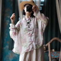 Chinesischen Stil Frauen Langarm Ramie Hemd Neue Ankunft 2025, Frühling Vintage Floral Print Lose Weibliche Casual Tops Shirts M768