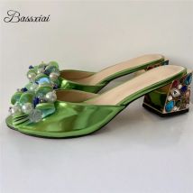 Beads Pearl Bling Sequins Flower Summer Mules Colorful Diamond Square Heel Patent Leather Slingbacks Sandals Women