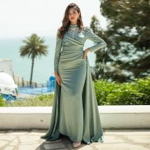 Bescheidenes Abendkleid mit hohem Kragen, Kristall, langen Ärmeln, luxuriöse Abendkleider für Damen, 2025, Meerjungfrau/Trompete, Satin, formelles Kleid