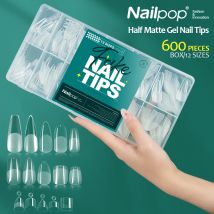 NAILPOP Punte per unghie in gel morbido 600 pezzi Pre-Buff Copertura completa Bara Mandorla Punte per estensione delle unghie a forma ovale Gel semi opaco X Unghie finte