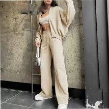 Damen 2024-Fleece-Hosenanzug, Baseball-Sweatshirt-Mantel + solider Kordelzug, hohe Taille, Freizeithose, passendes Set, Straße