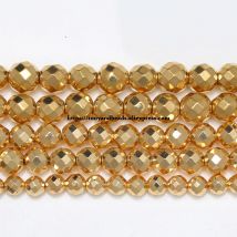 Faceted KC Gold Color Plated Natural Hematite Stone Beads 4 6 8 10 MM 15" Per Strand