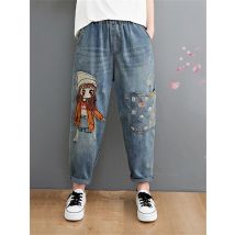 6537 Cartoon Litter Girl Embroidery Denim Pants For Women Trendy Hole Casual High Waist Breeches Pockets Mom Harem Blue Jeans