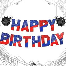 Banner di buon compleanno a tema ragno Banner di compleanno rosso blu cartello appeso stamina per bambini ragazzi ragnatela decorazione dello sfondo del partito