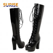 Big Size Women Knee-high Platform Boots 10cm High Chunky Heel Black Red Sexy Party Club Lady Round Toe Lace-up Zipper Long Boots