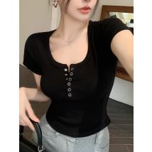 Trendige Kurzarm-T-Shirts für Damen, O-Ausschnitt, koreanischer Stil, geripptes, schmales Crop-Top, Damen-Baumwoll-T-Shirt, Sommer 2026