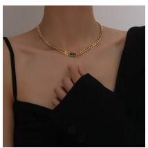 Titanium With 14K Gold Green Stone Chain Necklace Women Stainess Steel Jewelry Party Designer T Show Runway Gown Japan Korean