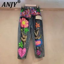 ANJY Herbst Neue Frauen Europäischen Streetwear Schwere Pailletten Loch Distressed Jeans Ins Lose Applikationen Gemalt Gerade Hosen A10479