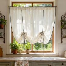 Japanese Retro Striped Embroidered Tulle Curtain Beige Imitation Linen Semi Sheer Drapes for Kitchen Living Room Dining Room