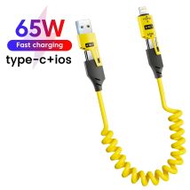 Cavo dati corto a molla 4 in 1 da 65 W Cavo USB a molla telescopico per caricabatterie rapido a molla USB 6A USB tipo C per iPhone iPad MacBook