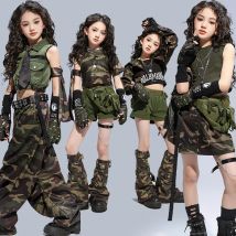 Ropa de Hip Hop para chico, chaqueta corta con capucha de camuflaje, pantalones de paracaídas informales, pantalones cortos verdes militares para niña, trajes de baile de Jazz, ropa