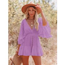 Frühling Herbst frauen Neue Mode Spitze Spleißen Einfarbig Sexy V-ausschnitt Fledermaus Ärmel Fünf Viertel Hülse Rüschen Rand Kleid