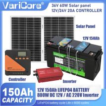 12.8V 150Ah LiFePO4 Battery Pack with 36V 60W Solar Panel 12V/24V 220W 800W Inverter Off-Grid Power System for Home  Duty-Free