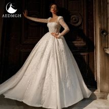 Aedmgh Ballkleid Royal Sparkle Brautkleider U-Boot-Ausschnitt Langarm Vestido De Novia Spitze Stickerei Maßgeschneidertes Brautkleid