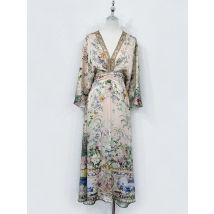 RetroRetro Colored Garden Floral Print Rhinestone Silk Long Evening Gown Elegant V-neck Pleated Waist Cinching Dress Women's Rob