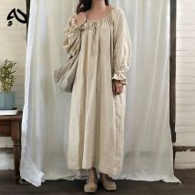 Original Vintage Baumwoll-Leinen Mori-Kleid Damen Lässiges Einteiler Langarm Maxikleid Mori Girl Große Rüschen Robe Kleidung