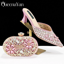 QUEENA YAN Luxus-Partyschuhe und Clutch mit rosa Strasssteinen für Damen – elegante Kristallabsätze mit passender Abendtasche