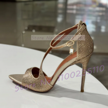 Champagner Strass Cross Strap Sandalen Frauen Schimmer Offene Spitze Zehen Abdeckung Ferse Schuhe Damen Edelstein Anhänger High Heel Sandalen