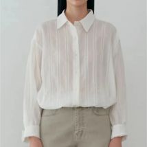 Women Vertical Striped Sunscreen Shirt White Simple 2025 Spring Summer Turn Down Collar Blouse for Lady