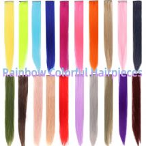 Farbige Highlight-Haarverlängerungen, 22 Zoll, synthetisches Haar, Regenbogenfarben, lange, gerade Haarteile für Frauen, Kinder, Mädchen, Lila, Rosa, Blau