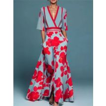 Damenmode 2025, Frühling, V-Ausschnitt, Gürtel, Party, langes Kleid, sexy Druck, A-Linie, Boho-Kleid, Sommer, kurze Ärmel, Taschen-Maxikleider
