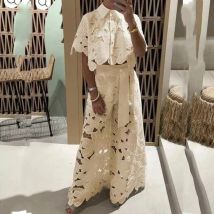 Retro Stickerei Temperament Anzug OL Casual Flip Kragen Pendler Outfit Mode Aushöhlen Kurzarm Tops & Breite Bein Hosen anzug