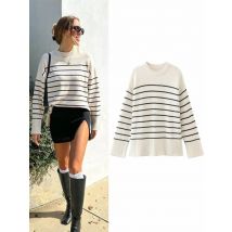 Beige Streifen Baggy Sweater Frauen Pullover Streetwear Langarm Strick oberteile weibliche Pullover Herbst Winter lose Strick pullover