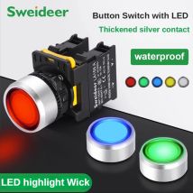 Wasserdichter Knopfschalter mit LED, 22 mm, kurzzeitiger Reset, selbstsichernder Power-Drucktastenschalter mit Licht, 12 V, 24 V, 220 V, 10 A, 1 Schließer