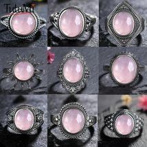 Anello vintage in argento sterling S925 Anello ovale rotondo in quarzo rosa naturale Pietra rosa a forma di sole Gioielleria raffinata in argento retrò per le donne