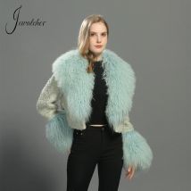 Jxwatcher Cappotto di lana per donna Polsini con collo in vera pelliccia mongola Moda invernale Giacca corta in tweed tinta unita Autunno Nuovo arrivo