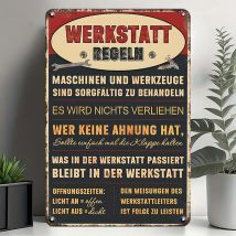 Vintage-Schild „Werkstattregeln“ aus deutschem Metall – „Werkstatt Regeln“ Retro-Blechschild für die Garage, Vintage-Metallblechschild