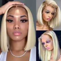 Kurze Bob-Perücke, Ombre-Blond, Spitze vorne, Echthaar-Perücken für Frauen, gerade, 150 Dichte, 13 x 4, farbige Perücke mit dunklen Wurzeln, vorgezupft