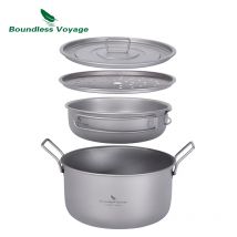 Boundless Voyage Camping-Kochtopf, multifunktionaler Titan-Dampfgarer, Suppentopf, Bratpfanne-Set mit Deckel, Outdoor-Mess-Set Ti2057C