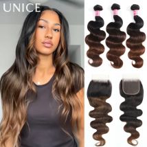 Unice Hair Chestnut Brown Ombre Body Wave 2/3/4PCS Bundles With 1PC 4x4 Inch Lace Closure 100% Human Hair Bundles