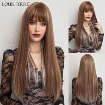 LOUIS FERRE Chocolate Brown con capelli sintetici biondi Highlight parrucche naturali diritte lunghe con frangia parrucca in fibra Cosplay da donna