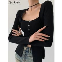 Dzianinowe koszulki z długim rękawem Kobiety Czarny Solidny Minimalizm Elegancki dla Pań Kwadratowy Kołnierzyk Slim Sexy Club Casual Y2k Odzież Nowość