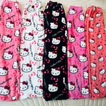 Sanrio Hello Kitty Piżama Spodnie Czarny Różowy Anime Flanela Kobiety Ciepłe Wełniane Białe Kreskówki Casualowe Spodnie Domowe Jesienne Spodnie Grils