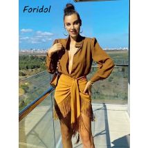 Foridol Hohe Taille Bodycon Quaste Mini Rock Frauen Sommer Frühling Unregelmäßigen Schlitz Braun Kurz Bowknot Rock Damen Bottoms Braun